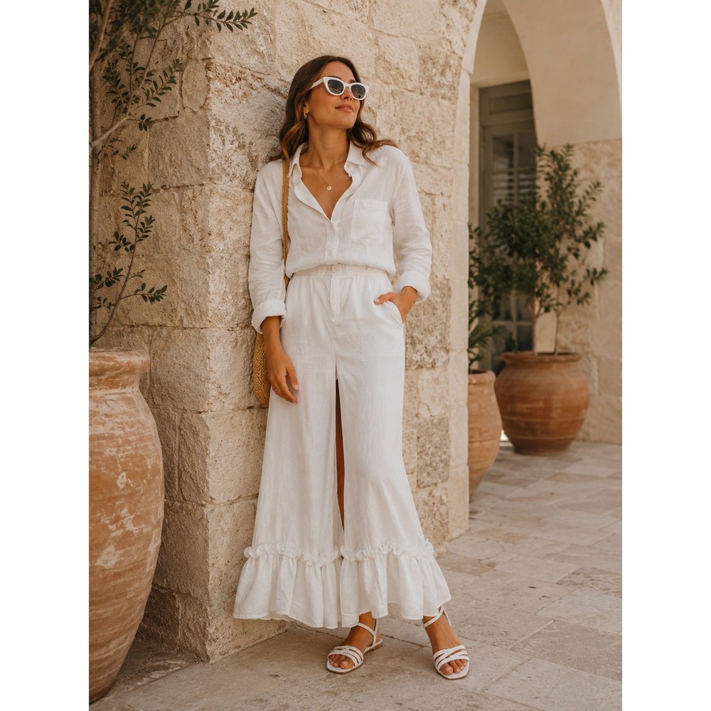 La Ros White Ruffle Hem Wide Leg‎ Pants Romantic Resort Trousers Large